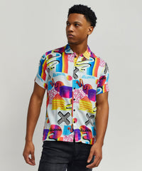 Thumbnail for Geo Shape Viscose Button-Down Short Sleeve Shirt - Multicolor