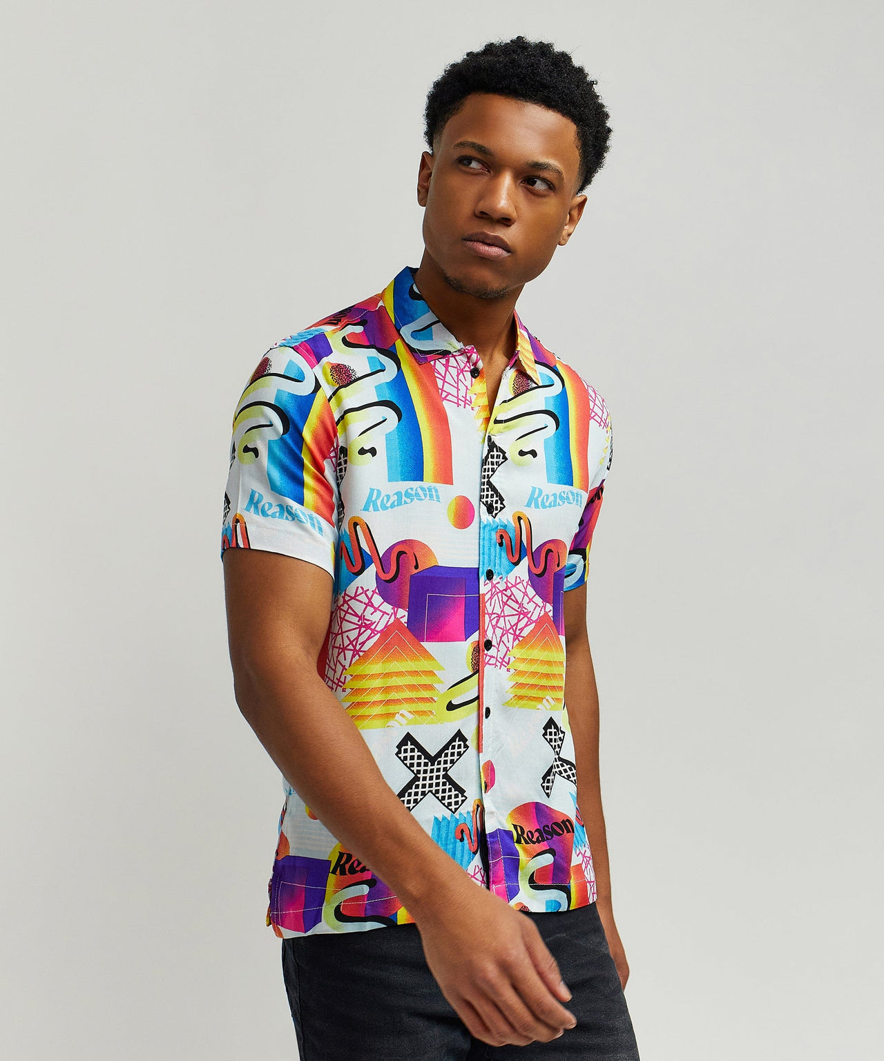 Geo Shape Viscose Button-Down Short Sleeve Shirt - Multicolor