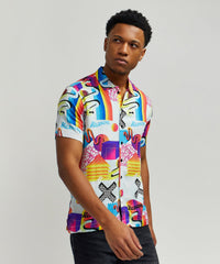 Thumbnail for Geo Shape Viscose Button-Down Short Sleeve Shirt - Multicolor