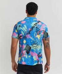 Thumbnail for Graffiti Viscose Button-Down Short Sleeve Shirt - Multicolor - Multi 1