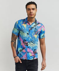 Thumbnail for Graffiti Viscose Button-Down Short Sleeve Shirt - Multicolor - Multi 1