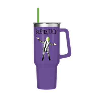 BEETLEJUICE 3X NAME  40oz Stainless Steel Tumbler w Handle – 12 pc ppk ($13.75 each)