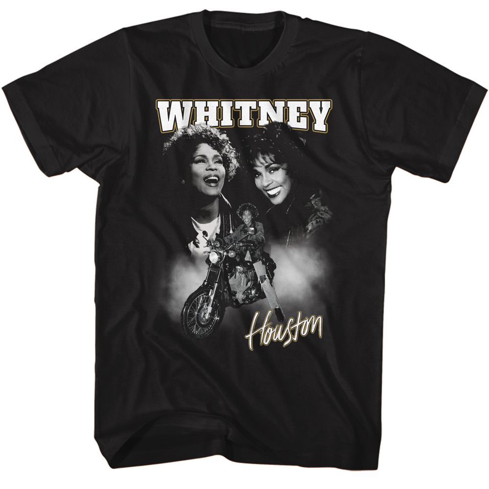 WHITNEY HOUSTON-WHITNEY MOTORCYCLE COLLAGE-BLACK ADULT S/S TSHIRT