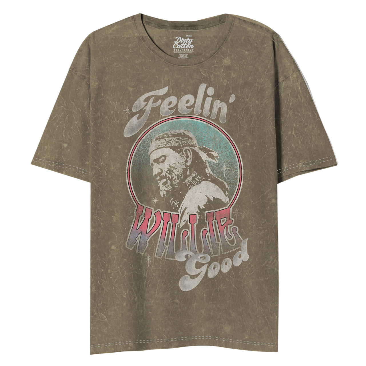 WILLIE NELSON FEELIN GOOD MINERAL WASH ARMY GREEN S/S OVERSIZED JUNIORS TSHIRT