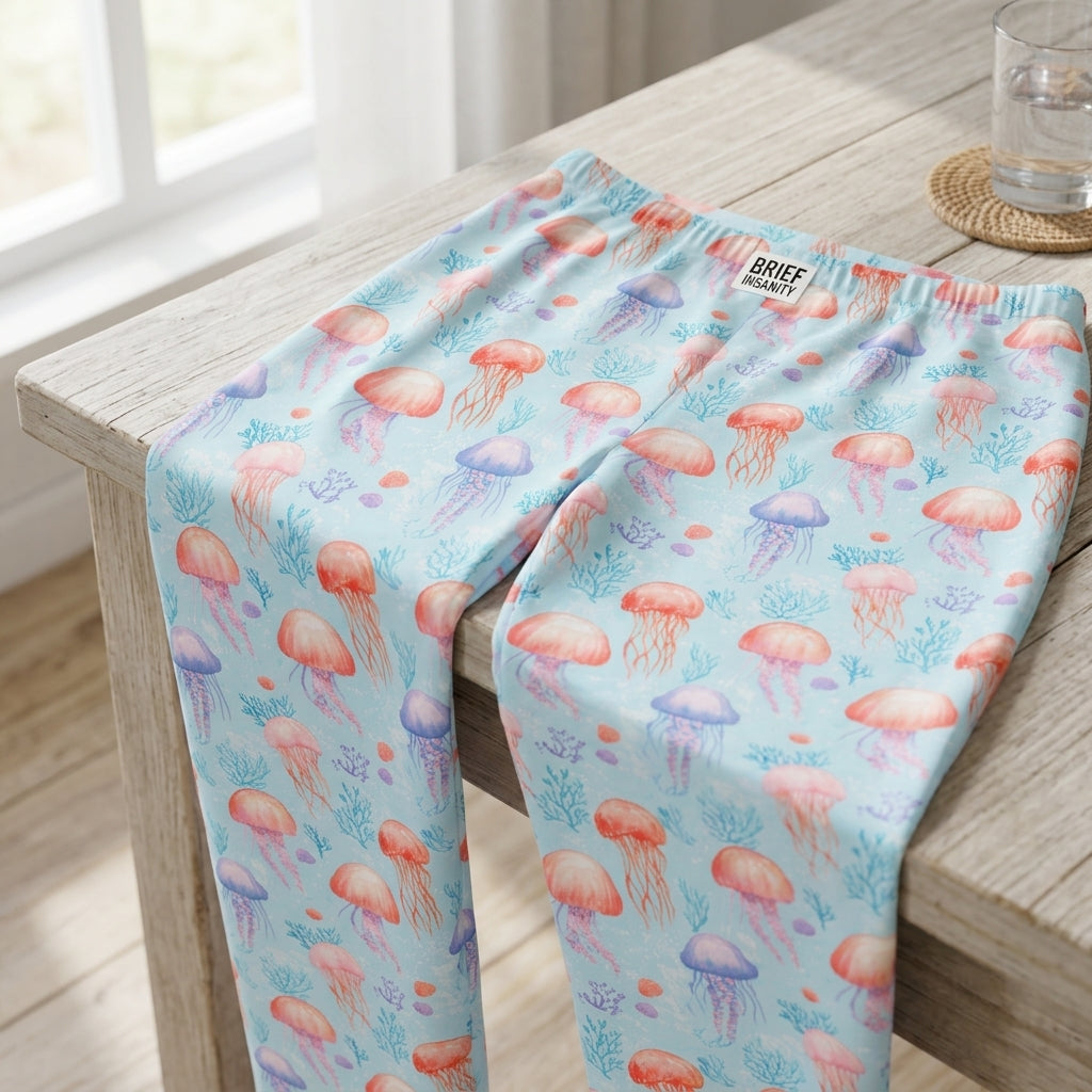 High-resolution close-up of Jellyfish Lounge Pants fabric showing vibrant ocean-inspired pattern of jellyfish on blue background.