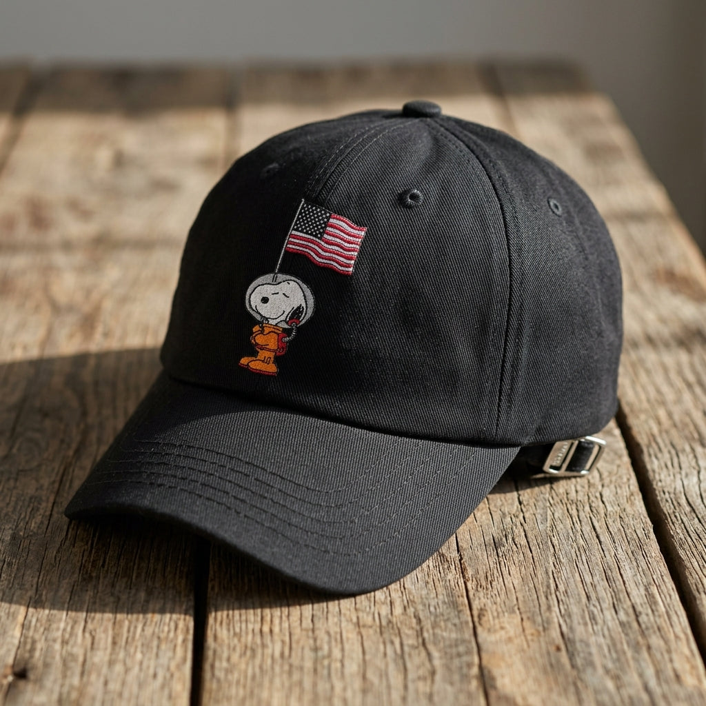 Detailed close-up of Snoopy space embroidered cap on textured wooden surface, highlighting embroidery and fabric details.