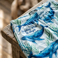 Thumbnail for High-resolution close-up of Everything Whale Be Alright Lounge Pants fabric showing detailed blue whale and seaweed print with natural lighting.