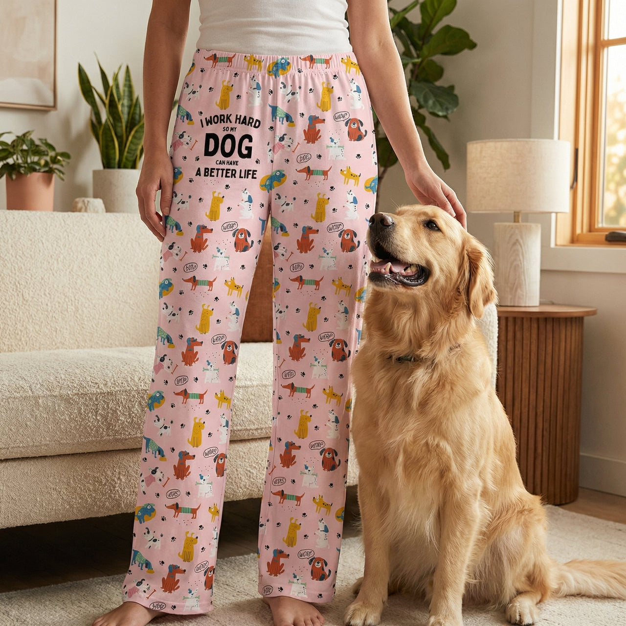 Male and female models standing in living room wearing matching dog print lounge pants, with a friendly dog beside them.