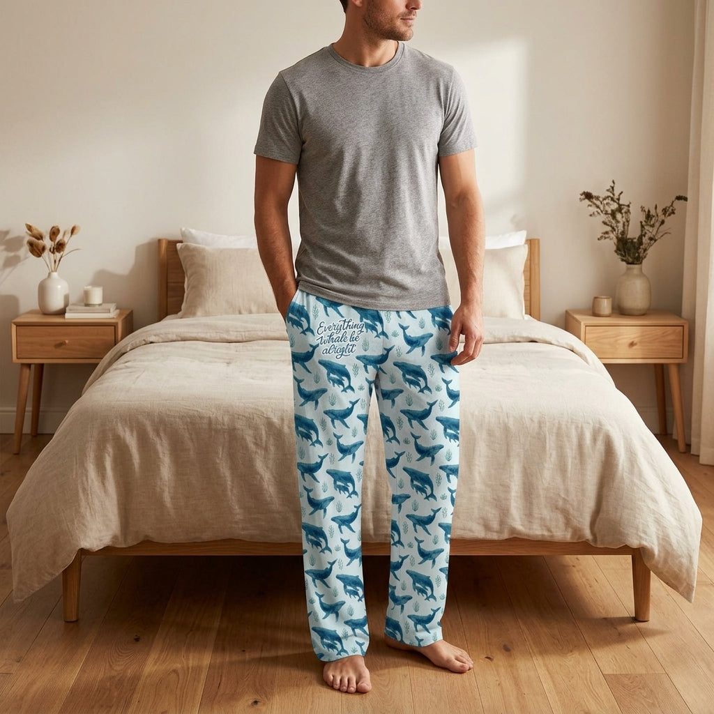 Male model standing in softly lit bedroom wearing Everything Whale Be Alright lounge pants, emphasizing comfort and relaxed indoor setting.