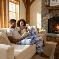 Thumbnail for Male and female models in unisex skiing lounge pants, seated on a sofa in a warm, well-lit living room setting.