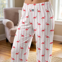Thumbnail for Close-up of Flamingo Striped Lounge Pants highlighting fabric texture, vibrant print details, subtle sheen, and fine stitching.