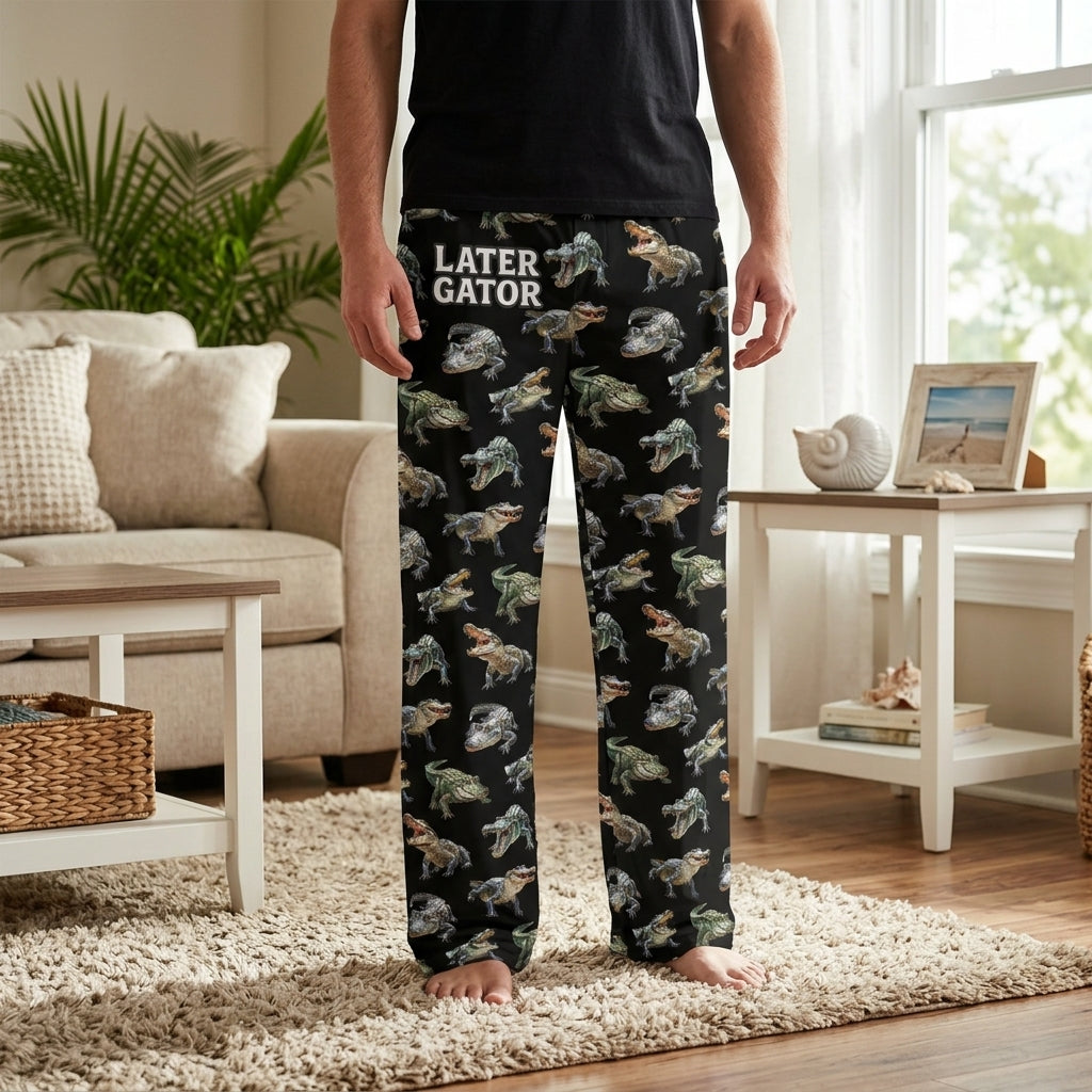 Model wearing Later Gator Lounge Pants in a relaxed living room, highlighting loose fit and lightweight fabric with coastal decor.