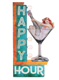 Thumbnail for 25x12 - HAPPY HOUR PIN UP GAL - 2 SIDED METAL SIGN - WITH LED BULBS- (2 PC PREPACK - $27.50 EACH)
