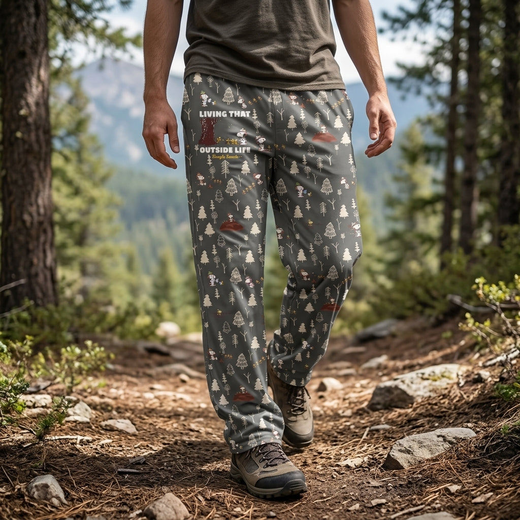 Side view of person wearing Snoopy lounge pants while strolling on a scenic trail, emphasizing fit and vivid print.