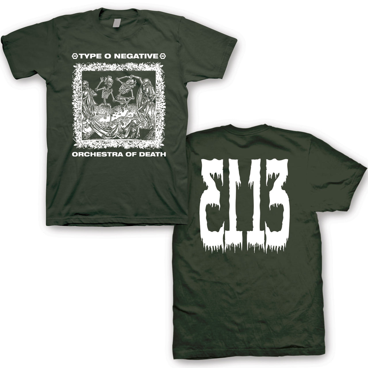 Type O Negative Orchestra of Death forest green t-shirt front and back
