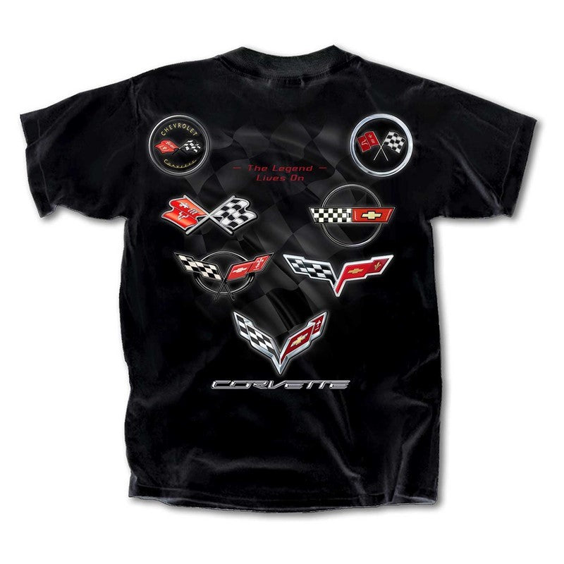 GM C1 Thru C7 Flags Legend Lives on Corvette T-Shirt