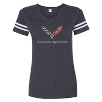 Thumbnail for GM Corvette C7 Flag Lady Vneck Ladies V-Neck T-Shirt