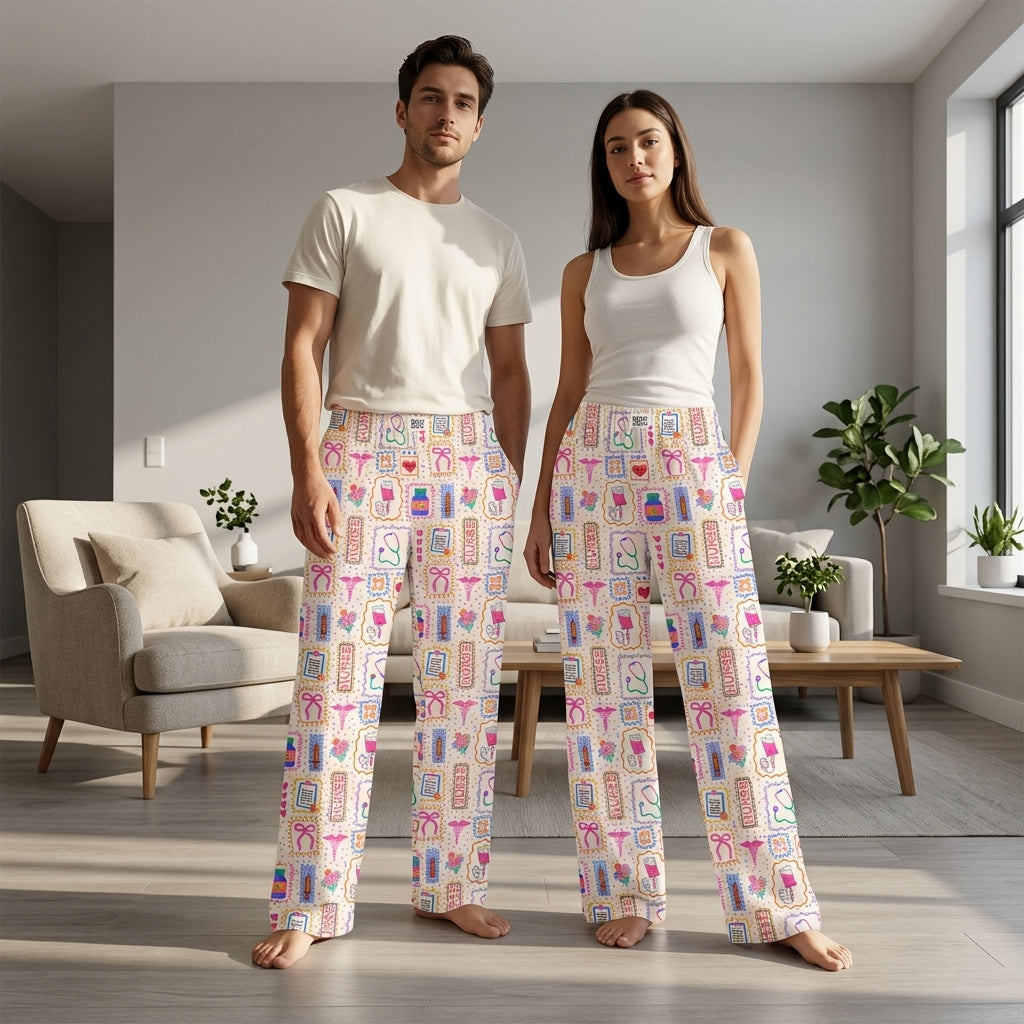 Full-body shot of models wearing Nurse Doodles Lounge Pants in a cozy living room, highlighting relaxed fit and colorful pattern.