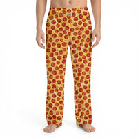 Thumbnail for Model wearing vibrant pepperoni pizza lounge pants with all-over print, cropped from waist to ankles, against a white background.