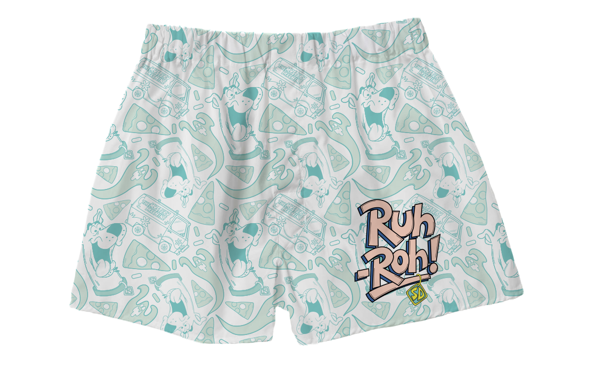 Scooby-Doo Ruh-Roh boxer shorts with teal allover print featuring Scooby-Doo, pizza slices, ghosts, Mystery Machine, and a bold Ruh-Roh logo on the leg.