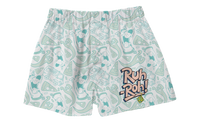 Thumbnail for Scooby-Doo Ruh-Roh boxer shorts with teal allover print featuring Scooby-Doo, pizza slices, ghosts, Mystery Machine, and a bold Ruh-Roh logo on the leg.