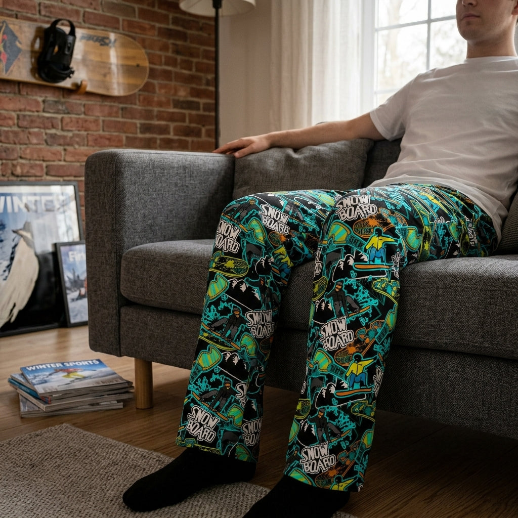 Full-body of person lounging in snowboard pants on a sofa in a cozy living room, showcasing comfort and casual style with snowboard decor.