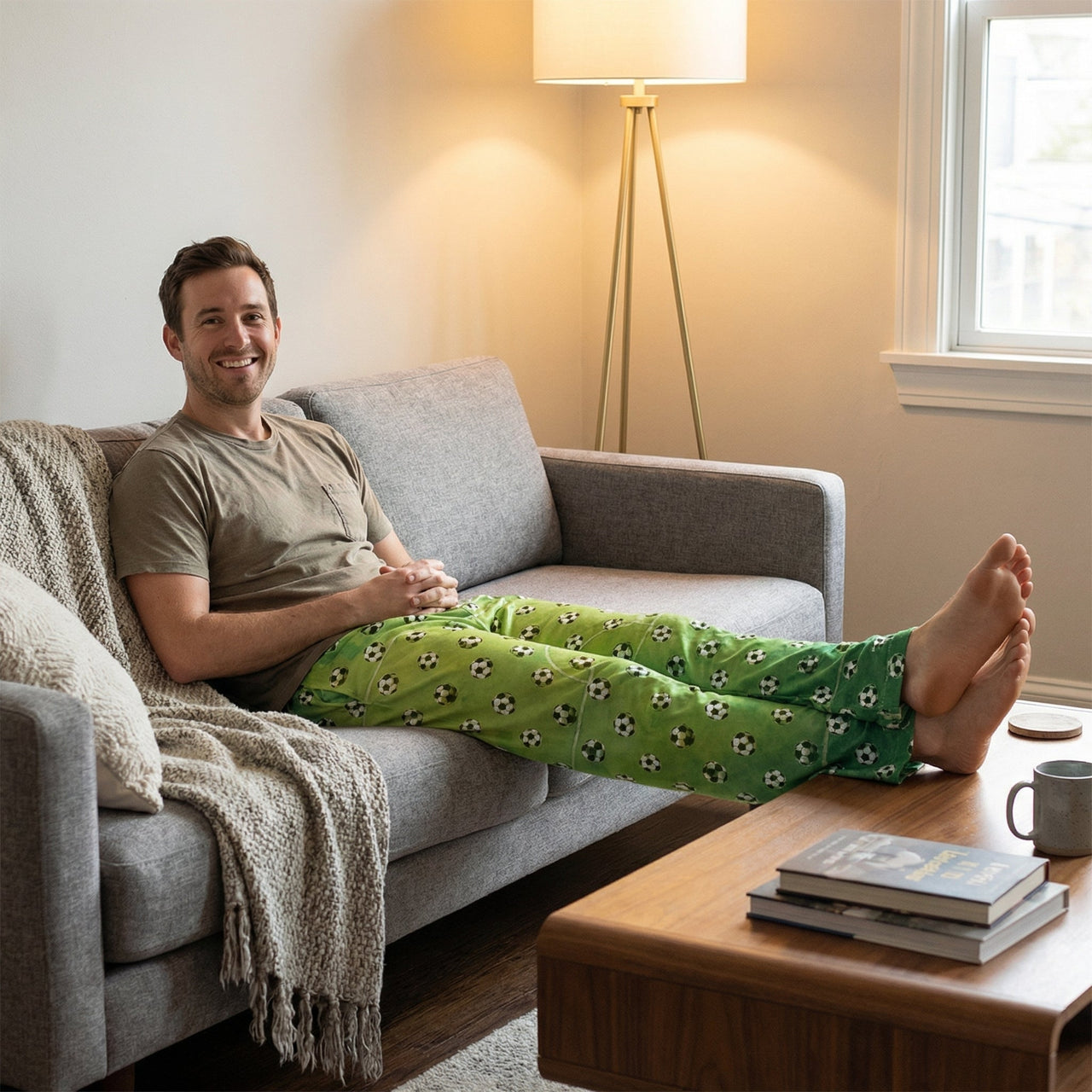 Male model relaxing on a modern couch wearing soccer lounge pants in a warm, softly lit living room setting.
