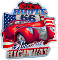 Thumbnail for 15.5” x 16.146” - HISTORIC ROUTE 66 - SHAPED AND EMBOSSED METAL SIGN - (2 PC PREPACK - $9.00 EACH)