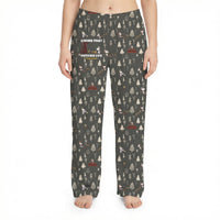 Thumbnail for Studio shot of Snoopy Outside Life lounge pants on a female model against white background, emphasizing the woodland print and fabric texture.