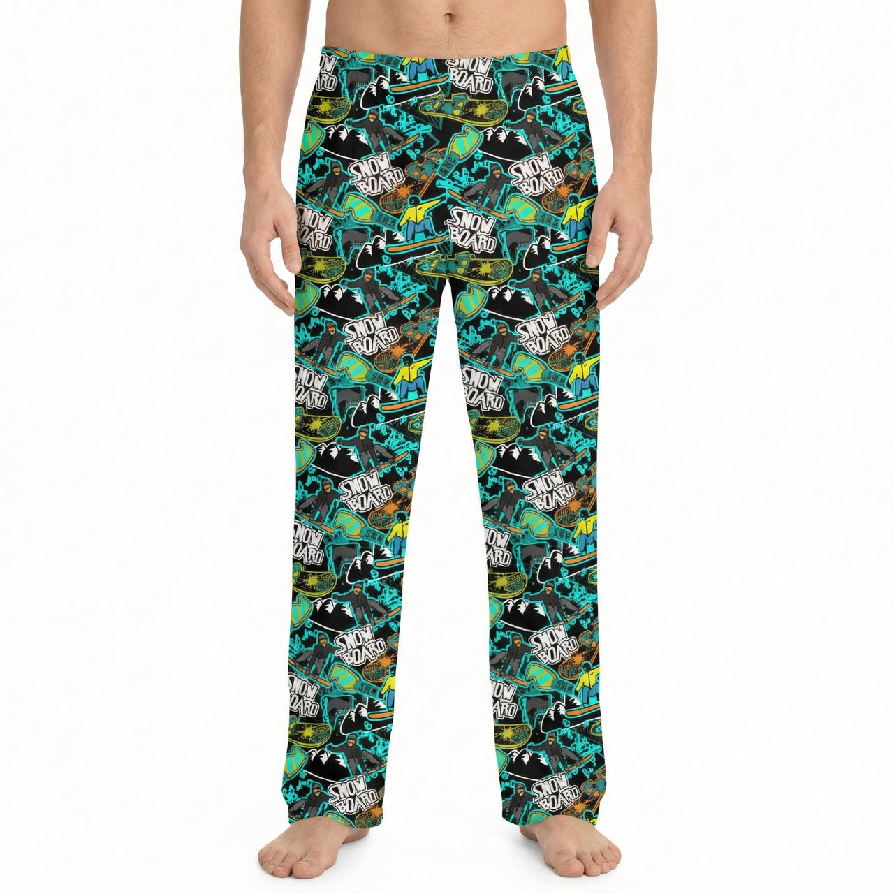 Model wearing snowboard lounge pants with snowboard-inspired graphic print on a white background.