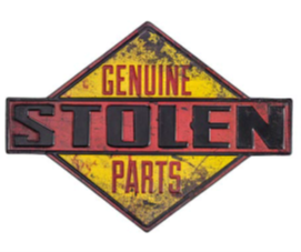 18.54” x 13.48” - GENUINE STOLEN PARTS - SHAPED AND EMBOSSED METAL SIGN - (2 PC PREPACK - $9.00 EACH)