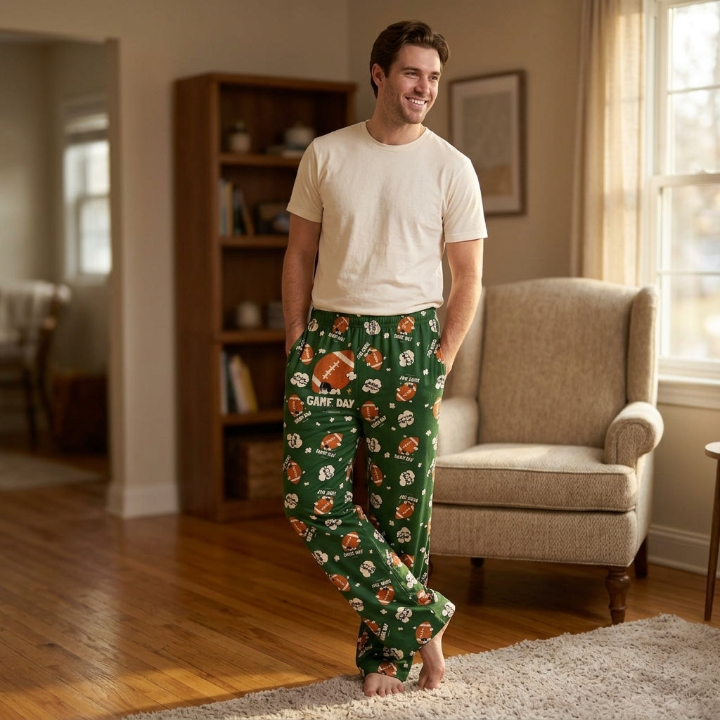 Full-body view of model wearing Team Spirit Snoopy Football Lounge Pants in a cozy home setting, highlighting relaxed fit and comfortable fabric.