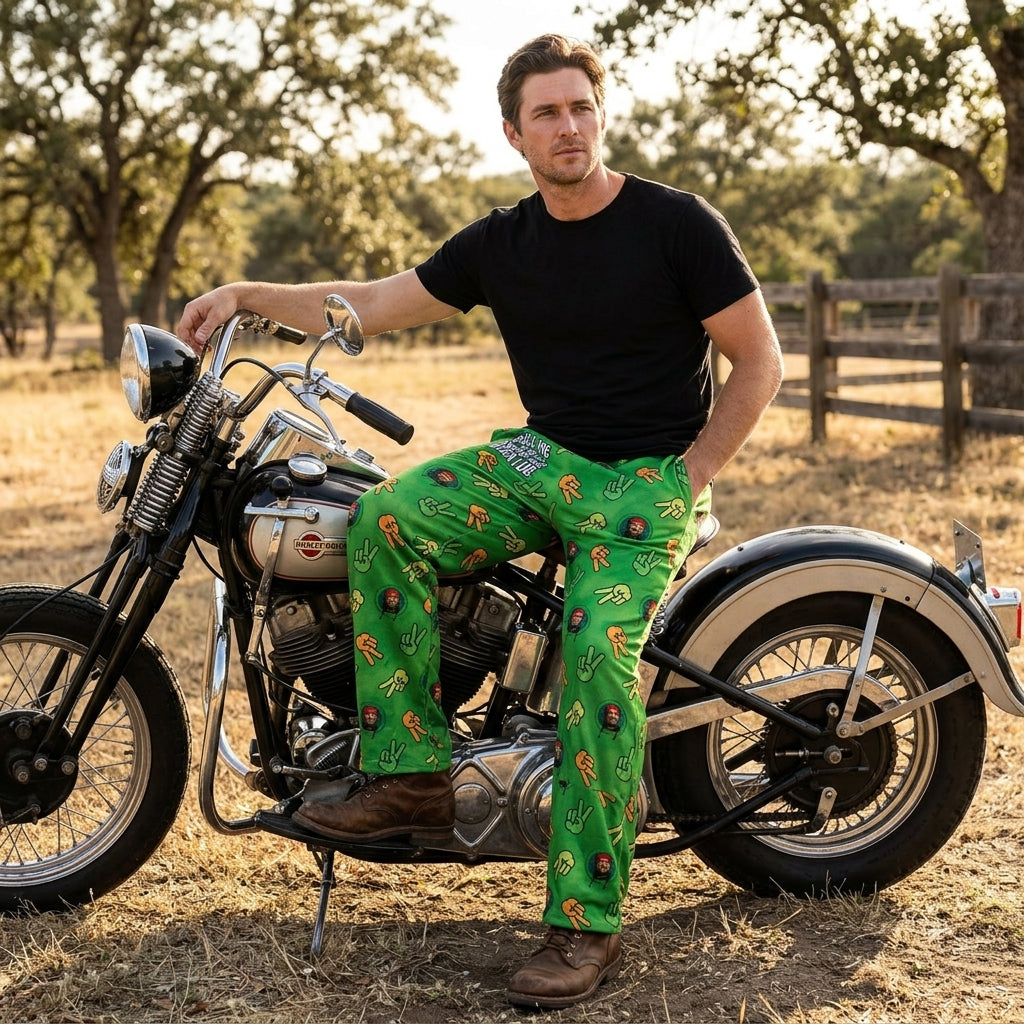 Full-body shot of male model wearing Willie Nelson lounge pants in a cozy setting, highlighting comfort, vibrant print, and relaxed style.