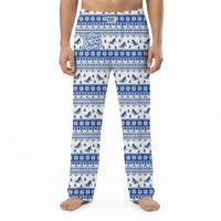 Thumbnail for Model wearing I'd Rather Be Skiing lounge pants with snowflakes and pine trees pattern on white background.
