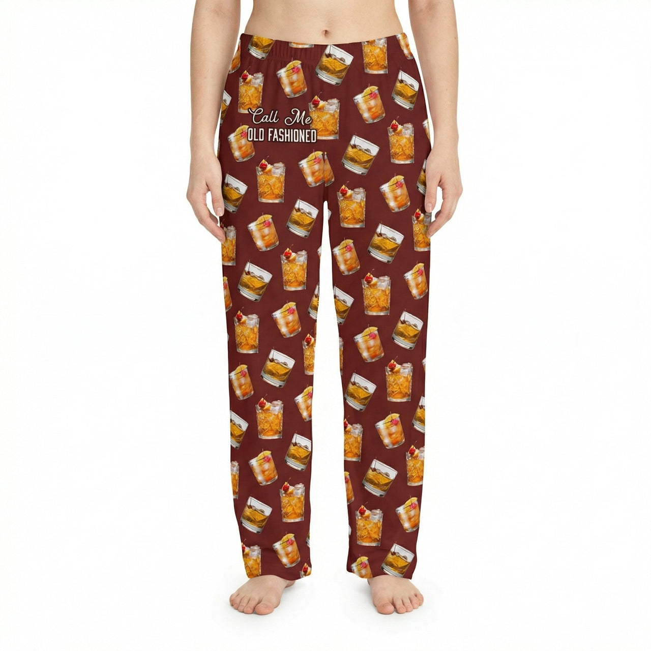 Young female model wearing Old Fashioned Lounge Pants featuring cocktail print, cropped from waist to ankles, against a white background.